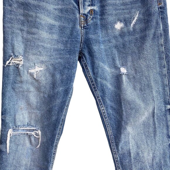 Zara High Rise Jeans Women 32 Distressed Ripped Button Fly Tapered Med Wash - Picture 7 of 16